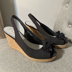 Black Wedge Sandals with Floral Detail